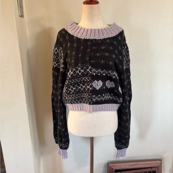 Free People Snow Globe Alpaca Wool Blend Pullover Sweater Black Purple sz Med - Picture 3 of 6